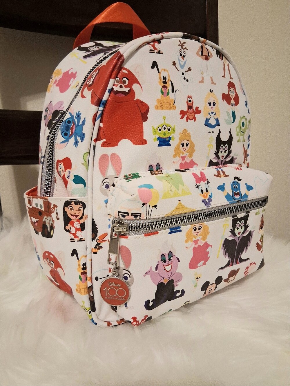 Disney 100 Years Of Wonder White Mini Backpack with Multicolor Character Print
